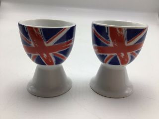 Vintage Egg Cup Pair Ceramic British Flag Union Jack Red White Blue Pottery 2.  5 