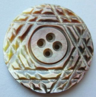 Very Pretty Large Antique Vtg Carved Mop Shell Button W/ Star Design (r)