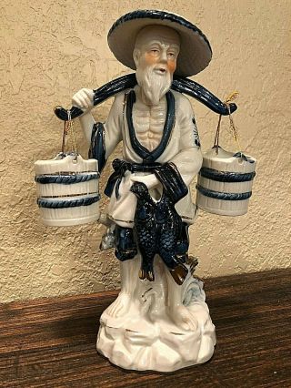 Vintage Old Chinese Man Figurine Carrying Water And Fish - Unmarked -