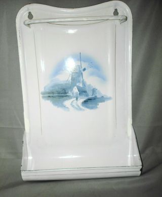 Vintage French Country Porcelain Enamel Wall Mount Untensil Holder W Tray