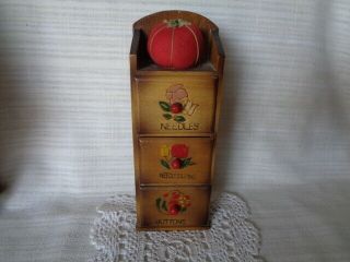 Vtg Wood 3 Drawer Sewing Notion Box - Standing - Japan - With Pin Cushion On Top