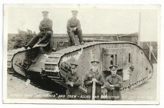 Ww1 Rppc Famous Tank Britannia And Crew Allied War Exposition San Francisco 1918