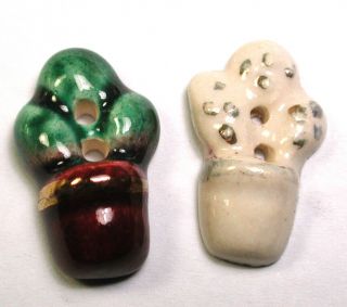 2 Vintage French Ceramic Buttons Realistic Potted Plant Design - 3/4 "