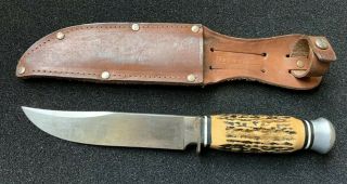 Vintage Solingen Stag Handle Bowie Hunting Knife W/ Sheath - Made In Germany
