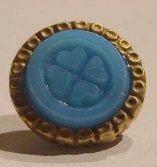 Small Vintage Waistcoat Button,  Blue Center With 4 Hearts