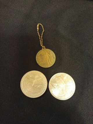 Vintage Brass Nasa Apollo 11 First Man On The Moon Chevy Key Chain 1969 & Coins.