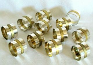 Textured Brass Gold Smooth Silverplate Napkin Rings Set Of 12 Round Two Tone