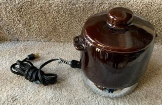 Vintage West Bend Brown Crock Bean Pot W/ Electric Heat Rite Base Stoneware