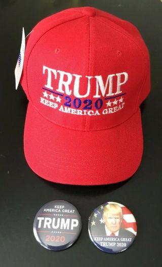 Trump 2020 Red Cap Hat “keep America Great” Plus 2 Trump 2020 Buttons