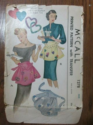 Vintage Mccall Sewing Pattern 1278 Hostess Apron W/ Hot Iron Xfer 1946