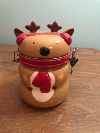 Reindeer Holiday Ceramic Canister Swiss Miss Cocoa Cookie Jar,