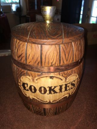 Vintage Wood Barrel Cookie Jar Treasure Craft Wood Look Ceramic Copper Band