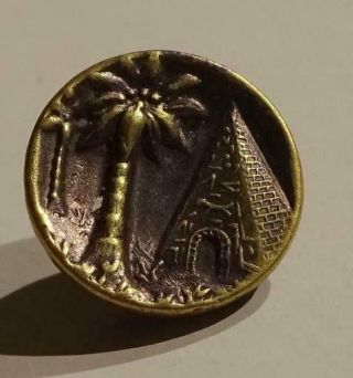 Small Vintage Metal Picture Button,  Pyramid And Palm Trees