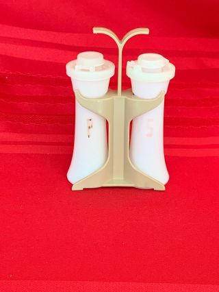 Vintage Tupperware 4 " White Hourglass Salt Pepper Shakers 831 Almond Caddy.  A