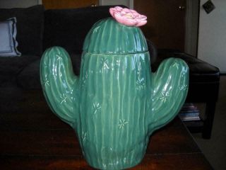 Treasure Craft Saguaro Cactus Cookie Jar Green With Pink Flower Cond