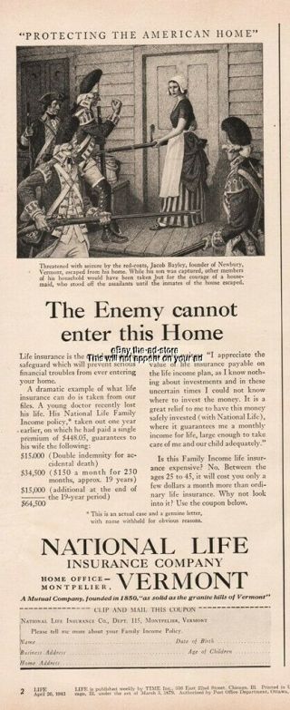 1943 National Life Insurance Montpelier Vt Jacob Bayley Newbury British Troop Ad