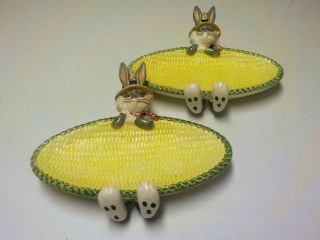 Figural Ceramic Corn Serving Plates Looney Tune Bugs Bunny Warner Bros Butter
