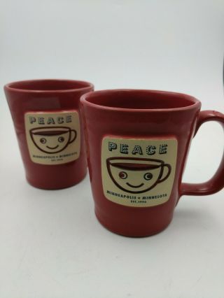 2 Deneen Pottery Peace Minneapolis Minnesota Red Coffee Mug Hand Thrown 2013
