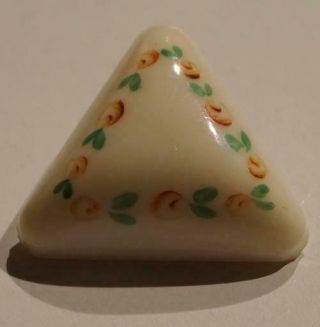 Vintage White Glass Button,  Triangle With Flower Border