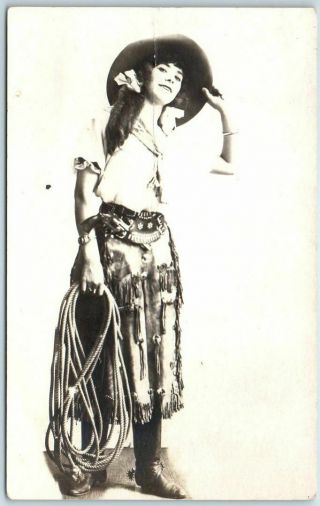 Vintage 1920s Cowgirl Real Photo Rppc Postcard Sexy Girl Cowboy Outfit W/ Rope