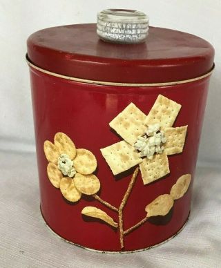 Vintage Krispy Kan Storage Canister - Red Enamel With " Dri - Nob " Top - Made In Usa