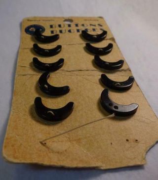 Card Of 10 Vintage Black Plastic Buttons,  Crescent Moon Shaped