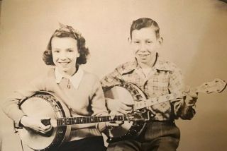 Vinatge Photo 5 X 7” Kids Boy Girl Playin Banjos Country Jug Ears Art Deco