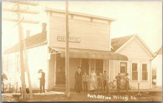 1910s Wilsey,  Kansas Rppc Photo Postcard " Post Office " Street Scene Bicycles