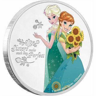 2016 Niue $2 Dollar Disney Frozen Sisters Elsa & Anna 1oz Silver Coin W/box