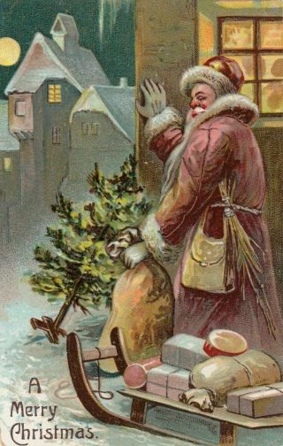 Purple Robe Santa Claus With Sled Gifts Tree 1909 Christmas Postcard - M786