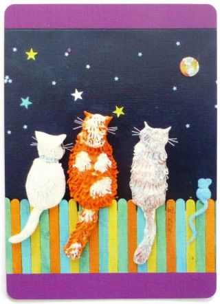 Swap Card.  Cute Cats Stargazing,  Moonlit Night Scene.  Kez Kids Art.  Wide.