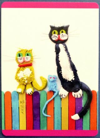 Swap Card.  Funny Cats On Fence.  Cute & Colourful.  Kez Kids Art.  Wide.  Rare