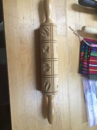 Vintage Springerle Carved Wood Cookie Mold Rolling Pin Birds Insects