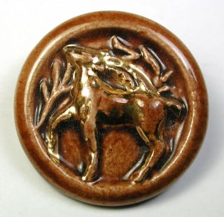 Vintage French Ceramic Button Realistic Deer Design W/ Luster Accents - 1 "