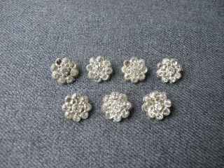 7 Vintage Clear Rhinestones Silvered Metal Flower Small Buttons 2