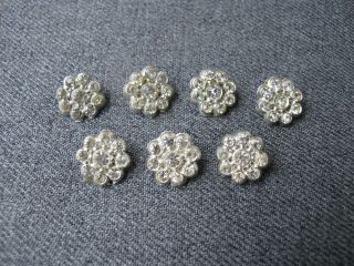 7 Vintage Clear Rhinestones Silvered Metal Flower Small Buttons 1