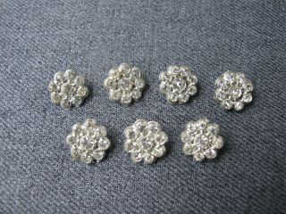 7 Vintage clear rhinestones silvered metal flower small buttons 1 2