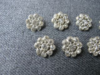 7 Vintage clear rhinestones silvered metal flower small buttons 1 3