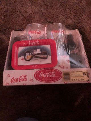 Coca Cola Glasses Coke Bottles Gift Set With Metal Tray/opener 1997 Nip Vintage