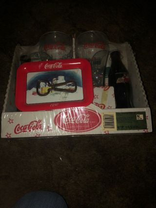 Coca Cola Glasses Coke Bottles Gift Set with metal Tray/Opener 1997 NIP Vintage 2