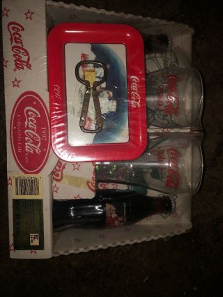Coca Cola Glasses Coke Bottles Gift Set with metal Tray/Opener 1997 NIP Vintage 3