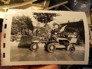 Vint Snapshot Photo,  Boy Cowboy On Tractor Pedal Car Pulling A Trailer,  Cool