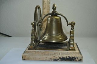 Vintage Solid Brass Ships Bell With Mounted Pulley Wheel - Desk Top Bell On Wood