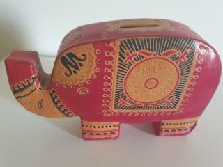 Pink / Multi - Coloured Leather Indian Elephant Money Box Piggy Bank.  Boho.