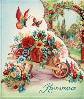 Vintage Folded Birthday Greeting Card: Pretty Flowers & Wheelbarrow