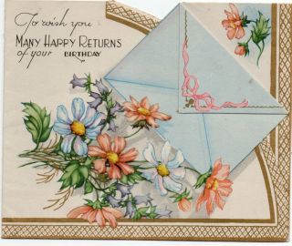 Vintage Folded Birthday Greeting Card: Pretty Flowers & Envelope