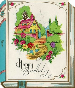 Vintage Folded Birthday Greeting Card: Book Shaped With Cottage Garden Cover