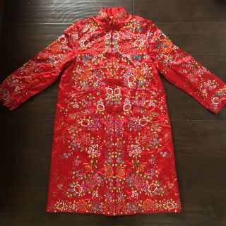 Fine Vintage Large Chinese Silk Embroidered Red Robe Coat Plum Blossoms Art Nr
