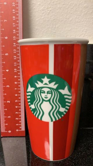 Starbucks 2018 Holiday Red Gold Striped Ceramic Travel Mug Tumbler 12 Fl