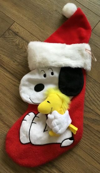 Hallmark Peanuts Snoopy Woodstock Plush Christmas Stocking 15 " Santa Hat